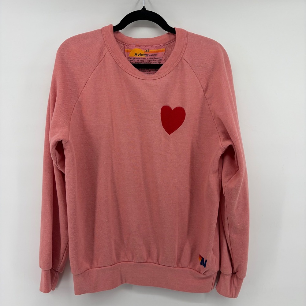 Aviator Nation Pink Heart Raglan Sweatshirt XS Made in USA Pullover
